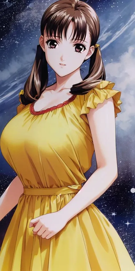 <lora:AyanaV5:.7> fujisawa_ayana, huge_breasts, standing, solo, starry_sky, yellow_dress,, masterpiece, best_quality, detailed_face, detailed_eyes, highres, beautiful, detailed, absurdres,