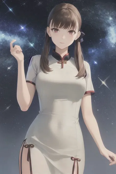 啎䥃佄䔀 <lora:AyanaV5:.7> fujisawa_ayana, huge_breasts, standing, solo, starry_sky, china_dress,, masterpiece, best_quality, detailed_face, detailed_eyes, highres, beautiful, detailed, absurdres,
