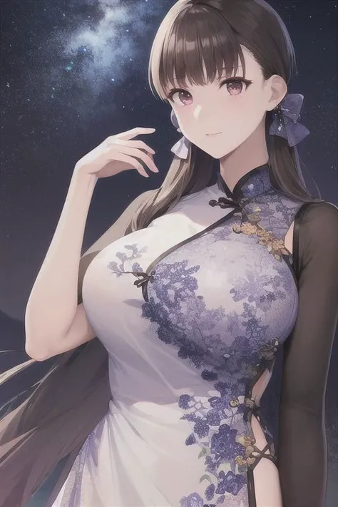 啎䥃佄䔀 <lora:AyanaV5:.7> fujisawa_ayana, huge_breasts, standing, solo, starry_sky, china_dress,, masterpiece, best_quality, detailed_face, detailed_eyes, highres, beautiful, detailed, absurdres,