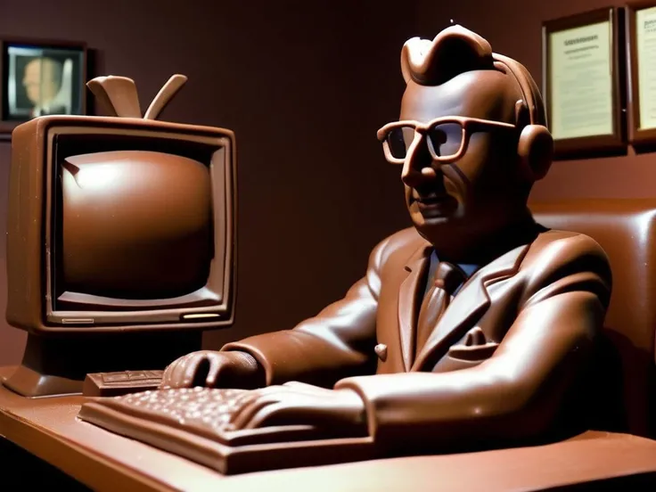 photo, realistic, chocolate sculpture of a 1960's male television newsreader, wearing glasses, sitting at a chocolate desk, reading the news, breaking news, special broadcast, Walter Cronkite, entire scene made of chocolate, highly detailed <lora:ChocolateWorld_v07:1> SimplepositiveXLv1 unaestheticXLv13
<lora:add_detail:1>