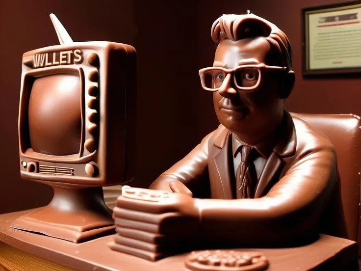 photo, realistic, chocolate sculpture of a 1960's male television newsreader, wearing glasses, sitting at a chocolate desk, reading the news, breaking news, special broadcast, Walter Cronkite, entire scene made of chocolate, highly detailed <lora:ChocolateWorld_v07a:1> SimplepositiveXLv1 unaestheticXLv13
<lora:add_detail:1>