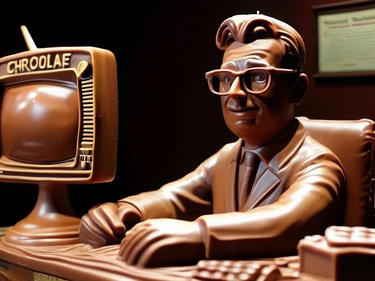 photo, realistic, chocolate sculpture of a 1960's male television newsreader, wearing glasses, sitting at a chocolate desk, reading the news, breaking news, special broadcast, Walter Cronkite, entire scene made of chocolate, highly detailed <lora:ChocolateWorld_v08a:1> SimplepositiveXLv1 unaestheticXLv13
<lora:add_detail:1>