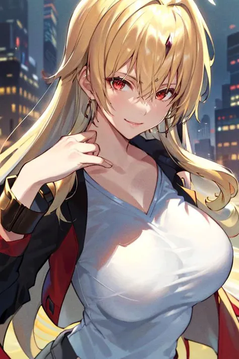 ((masterpiece)), ((best quality)), (ultra-detailed), absurdres, extremely detailed CG unity 8k wallpaper, Official Art, Accurate describe shapes, (realistic), detailed hands, expressive eyes, upper body, close-up, solo, (city, scenery, dramatic light, illustration:1.1), (standing, arm at side, smile1.2), (1girl, mature female, large breasts, hair between eyes, blonde hair, long hair, red eyes:1.4), (white t-shirt, black jacket, black pants:1.3), , ((masterpiece)), absurdres, HDR, gilgamesh - caster (fate), genderswap \(mtf\), BREAK <lora:Gilgamesh (Caster) - FGO :0.7> <lyco:GoodHands-beta2:1.0> <lora:milfication:0.7>