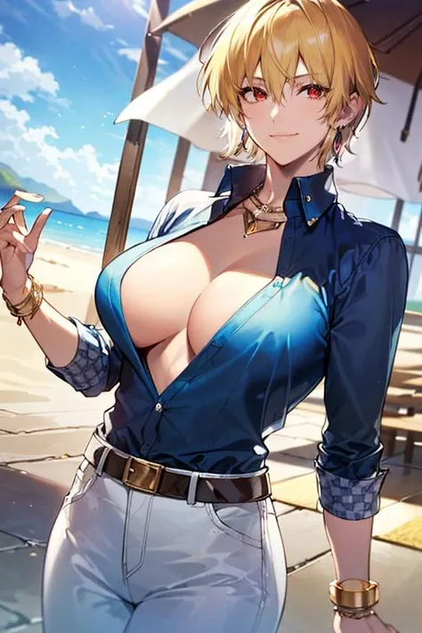 ((masterpiece)), ((best quality)), (ultra-detailed), absurdres, extremely detailed CG unity 8k wallpaper, Official Art, Accurate describe shapes, (realistic), detailed hands, expressive eyes, upper body, close-up, solo, (beach, scenery, dramatic light, illustration:1.1), (standing, arm at side, smile1.2), (1girl, mature female, large breasts, hair between eyes, blonde hair, short hair, red eyes:1.4), (white pants, gold bracelet, gold earrings, gold necklace, blue shirt, long sleeves:1.3), , ((masterpiece)), absurdres, HDR, gilgamesh summer (fate), genderswap \(mtf\), <lora:Gilgamesh (Caster) - FGO :0.7>