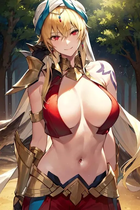 ((masterpiece)), ((best quality)), (ultra-detailed), absurdres, extremely detailed CG unity 8k wallpaper, Official Art, Accurate describe shapes, (realistic), detailed hands, expressive eyes, upper body, close-up, solo, (forest, scenery, dramatic light, illustration:1.1), (standing, arm at side, smile1.2), (1girl, mature female, large breasts, hair between eyes, blonde hair, long hair, red eyes:1.4), ( single gauntlet, fake horns, high collar, shoulder tattoo, arabian clothes, cropped vest, sleeveless, hair between eyes, red pants, turban, jewelry, blue wristband:1.3), , ((masterpiece)), absurdres, HDR, gilgamesh caster (fate), genderswap \(mtf\), <lora:Gilgamesh (Caster) - FGO :0.7>