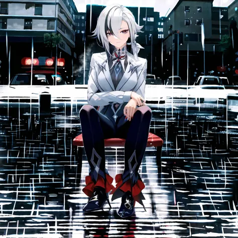 1girl, arlecchino \(genshin impact\), smoking, serious face, sitting in the front car, expensive old car, black, raining, full body, detailed, wind, buildings, street, street lights,