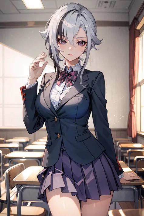 1girl, arlecchino \(genshin impact\), school uniform, blazer, collared shirt, bowtie, checkered skirt, light smile, classroom, indoors, cowboy shot, depth of field