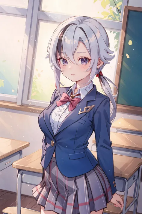 1girl, arlecchino \(genshin impact\), school uniform, blazer, collared shirt, bowtie, checkered skirt, light smile, classroom, indoors, cowboy shot, depth of field