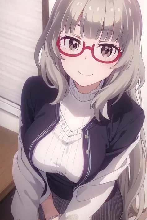 shizukuhazuki, <lora:shizuku hazuki s2-lora-nochekaiser:1>,
shizuku hazuki, long hair, bangs, (brown eyes:1.5), grey hair, glasses, semi-rimless eyewear, red-framed eyewear, under-rim eyewear, smile,
BREAK skirt, shirt, long sleeves, white shirt, black skirt, fringe trim,
BREAK indoors, office,
BREAK looking at viewer, (cowboy shot:1.5),
BREAK <lyco:GoodHands-beta2:1>, (masterpiece:1.2), best quality, high resolution, unity 8k wallpaper, (illustration:0.8), (beautiful detailed eyes:1.6), extremely detailed face, perfect lighting, extremely detailed CG, (perfect hands, perfect anatomy),