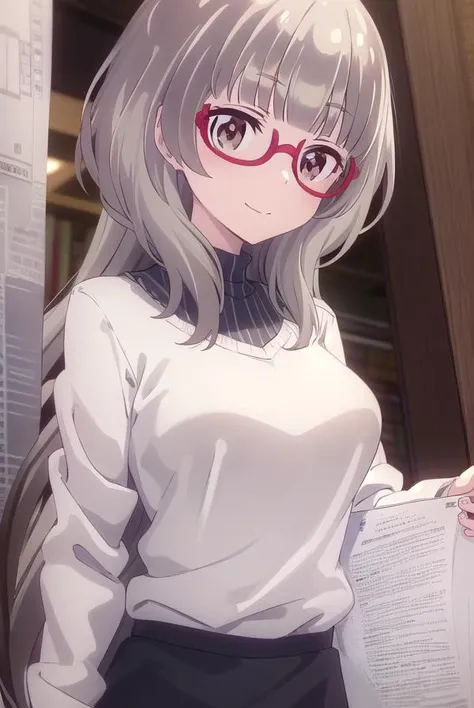 shizukuhazuki, <lora:shizuku hazuki s2-lora-nochekaiser:1>, 
shizuku hazuki, long hair, bangs, (brown eyes:1.5), grey hair, glasses, semi-rimless eyewear, red-framed eyewear, under-rim eyewear, smile,
BREAK skirt, shirt, long sleeves, white shirt, black skirt, fringe trim,
BREAK indoors, office,
BREAK looking at viewer, (cowboy shot:1.5),
BREAK <lyco:GoodHands-beta2:1>, (masterpiece:1.2), best quality, high resolution, unity 8k wallpaper, (illustration:0.8), (beautiful detailed eyes:1.6), extremely detailed face, perfect lighting, extremely detailed CG, (perfect hands, perfect anatomy),