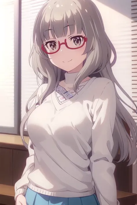 shizukuhazuki, <lora:shizuku hazuki s2-lora-nochekaiser:1>,
shizuku hazuki, long hair, bangs, (brown eyes:1.5), grey hair, glasses, semi-rimless eyewear, red-framed eyewear, under-rim eyewear, smile,
BREAK skirt, shirt, long sleeves, white shirt, black skirt, fringe trim,
BREAK indoors, office,
BREAK looking at viewer, (cowboy shot:1.5),
BREAK <lyco:GoodHands-beta2:1>, (masterpiece:1.2), best quality, high resolution, unity 8k wallpaper, (illustration:0.8), (beautiful detailed eyes:1.6), extremely detailed face, perfect lighting, extremely detailed CG, (perfect hands, perfect anatomy),