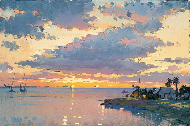 no humans, cloud, sky, scenery, outdoors, cloudy sky, horizon, ocean, sunset, traditional media, water, painting (medium)ï¼ masterpiece, best quality, <lora:Light oil painting_20231025095300-000003:0.7>