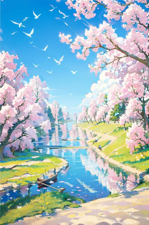 scenery, outdoors, tree, boat, traditional media, watercraft, no humans, water, sky, bird, cherry blossomsï¼ masterpiece, best quality, <lora:Light oil painting_20231025095300-000003:0.7>
