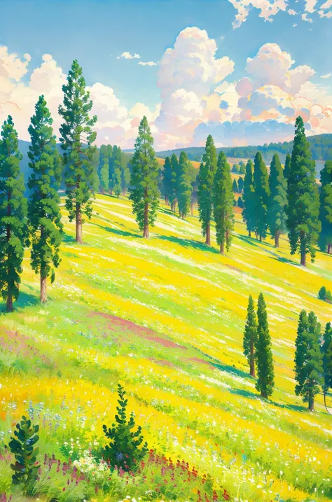 scenery, no humans, outdoors, field, mountain, sky, cloud, traditional media, landscape, day, grass, nature, painting (medium), flower, tree, cloudy skyï¼ masterpiece, best quality, <lora:Light oil painting_20231025095300-000003:0.7>