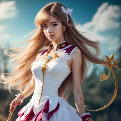 portrait, long hair, white hair, golden eyes, 1girl, head, face, magical girl, absurdres, masterpiece, best quality, ((magical girl costume)), ((mahou shoujo)), short hair, desolation, ruins, dynamic pose, apocalypse, spellcasting, (full body shot), detailed background, by shiun, large breasts, studio quality, 8k, (photorealistic), ((detailed))