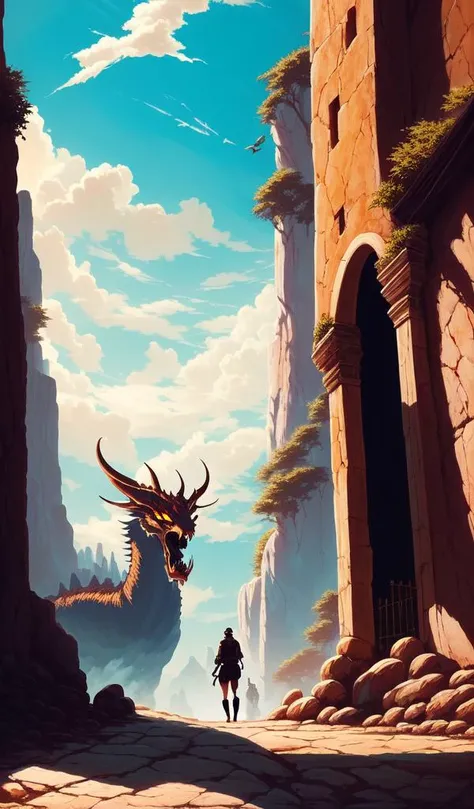 ancient Labyrinth, incredible Epic Red Dragon opened its mouth and spat fire at us, anime, Digital 2D, animated by Kyoto Animation, KyoAni, Studio Ghibli, Miyazaki, Nausicaa, animated by Madhouse INC, by Studio Trigger, by Laurie Greasley, 2 designed by Tsutomu Niehi, Yuta Nakamura, Yoji Shinkawa, landscape, beautiful, gorgeous, dramatic lighting, rule of thirds, perfect composition, trending on ArtStation, 8k