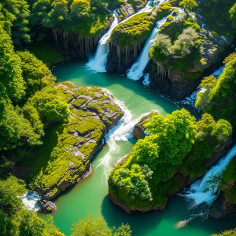 ((birds eye view over a mystical forest with a alluring waterfall)), 8k resolution, dynamic lighting, intricately detailed, volumetric lighting, trending on Artstation, Splash art, 3DEXCITE, 3Delight, dark fantasy concept art, landscape