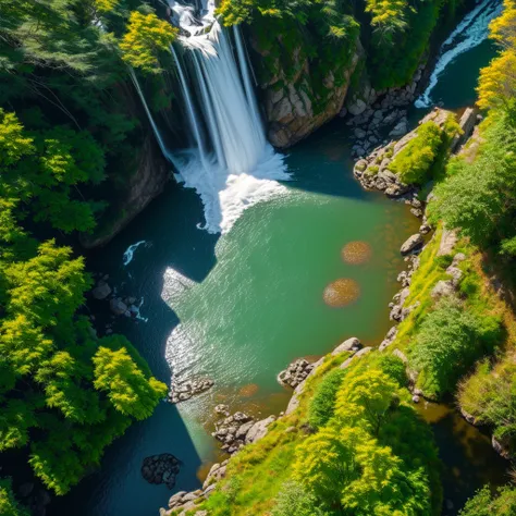 ((birds eye view over a mystical forest with a alluring waterfall)), 8k resolution, dynamic lighting, intricately detailed, volumetric lighting, trending on Artstation, Splash art, 3DEXCITE, 3Delight, dark fantasy concept art, landscape