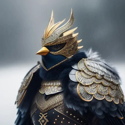 bird, wearing ((high ornamented light armor)), fluffy fur, foggy, wet, stormy, 70mm, cinematic, highly detailed