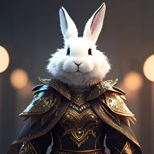 bunny, high ornamented light armor, fluffy fur, foggy, wet, stormy, 70mm, cinematic, highly detailed