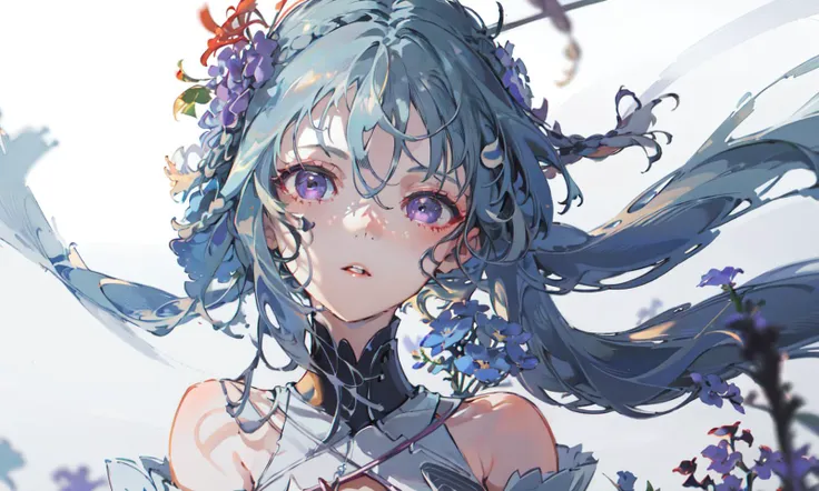 solo, 1girl,multicolored eyes, portrait, floating hair,long hair, parted lips, looking at viewer, grey background, shadow, purple eyes, eyelashes, blurry, upper body, flower,white flower, blue flower,bare shoulders,multicolored hair,<lora:yoneyamaMaiStyle:0.8>,<lora:youngMadamePing:0.8> ,<lora:innerColoredHairLora:0.8>