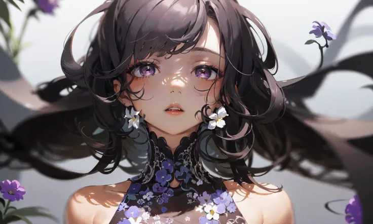 solo, 1girl,multicolored eyes, portrait, floating hair,long hair, parted lips, looking at viewer, grey background, shadow, purple eyes, eyelashes, blurry, upper body, flower,white flower, blue flower,bare shoulders,multicolored hair