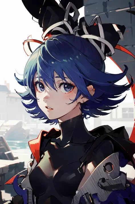 <lora:msw_locon:0.7> multicolored eyes, portrait, floating hair, parted lips, looking at viewer, shadow, chromatic aberration, eyelashes, (colorful:1.3), blurry, upper body, wind, <lora:RtPL-Serene:1> serene_\(riviera\), blue_capelet, white_coat, black_bodysuit, black_headwear, bandages, short_hair,, ultra detailed, masterpiece, best quality,