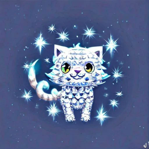 a chibi cat with lightning surrounded, fantasy animal, fluffy fur, grin, crystalz, fantasy animal, sparkling, diamondrealmstyle