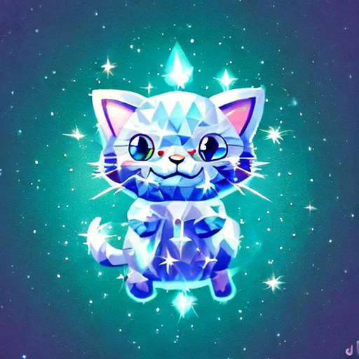 a chibi cat with lightning surrounded, fantasy animal, fluffy fur, grin, crystalz, fantasy animal, sparkling, diamondrealmstyle