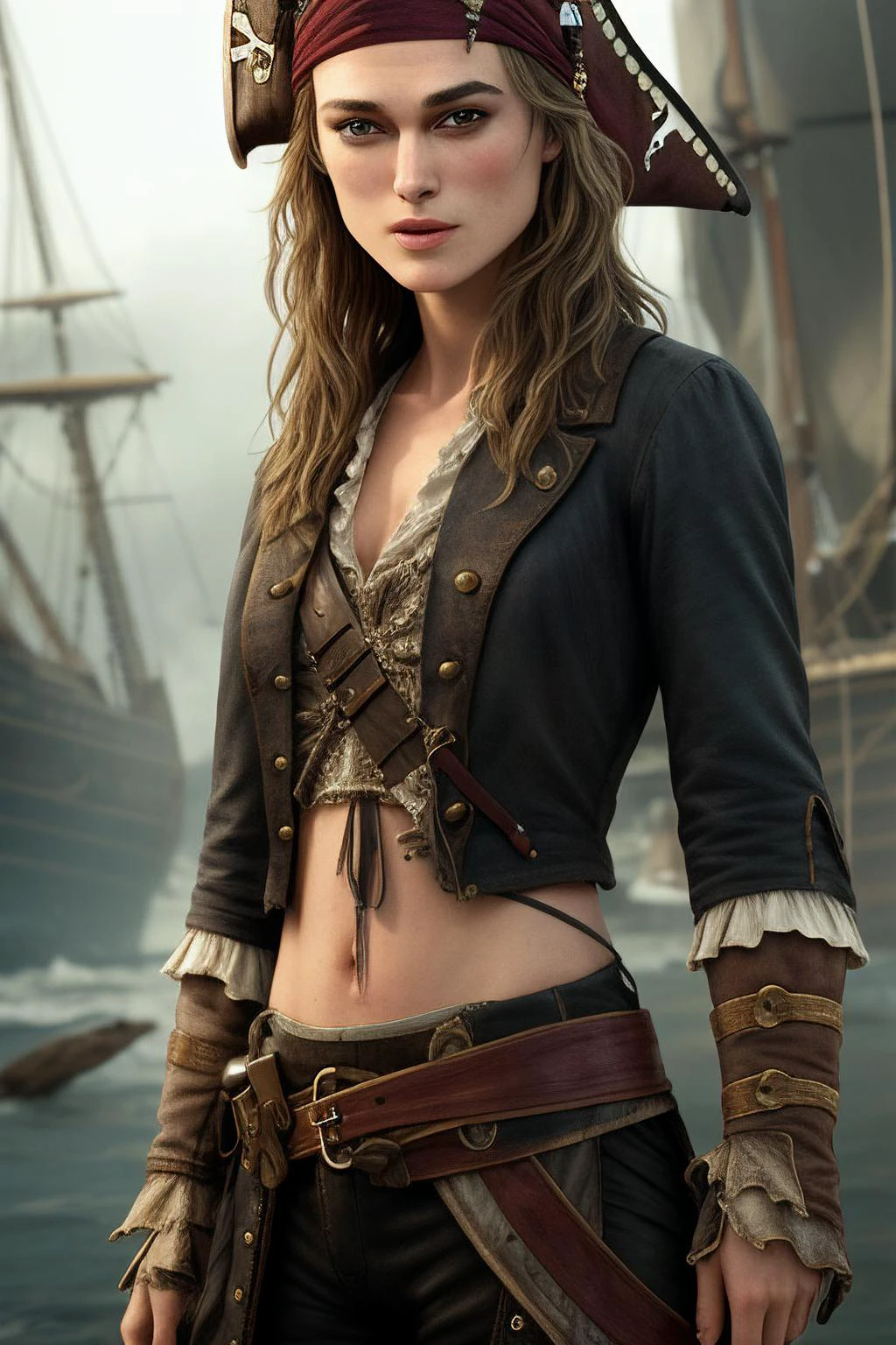 young (Keira Knightley, pirate), raw, hdr, 8k textures, detail, hight detailed skin texture, epic details, high sharpness,