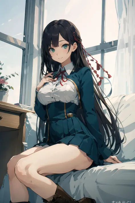 (high resolution:1.2), absurdres, (highest quality:1.2), best quality, BREAK 
(detailed face,1.2), perfect face, (detailed eyes:1.2), luminous eyes, BREAK 
(smooth skin:1.2), shiny skin, BREAK 
1girl, solo, BREAK 
<lora:Satsuki_Shinonome-10:0.6>, satsuki shinonome, BREAK 
looking at viewer, slender, BREAK 
long hair, black hair, straight hair, bow, green eyes, red hair ornament, BREAK 
(large breasts:1.3), knee, BREAK 
school uniform, framed breasts, underbust, green dress, lace-up boots, BREAK 
sitting, BREAK 
on couch, on sofa, in room, BREAK 
seductive smile