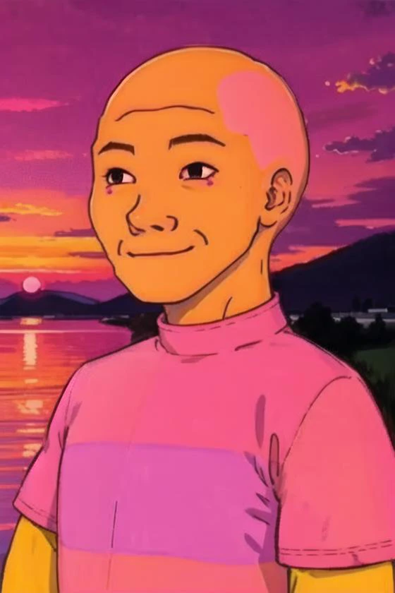 <lora:wojak:.8>, wojak, masterpiece, best quality, 1boy, male focus, sunset, black eyes, colored skin, solo, tears, smile, cloud, sky, bald, closed mouth, pink sky, yellow skin, purple skin, portrait, gradient sky, upper body, orange sky