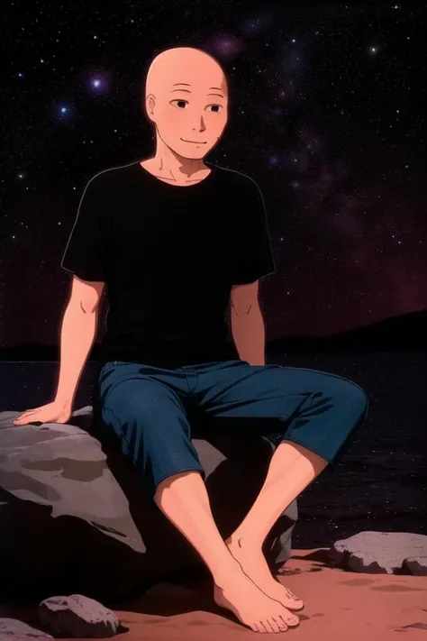 <lora:wojak:.8>, wojak, masterpiece, best quality, 1boy, star \(sky\), solo, rock, sitting, starry sky, male focus, barefoot, sky, bald, space, night, smile, outdoors