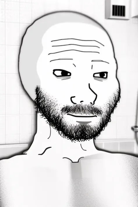 <lora:wojak:.8>, wojak, masterpiece, best quality, 1boy, male focus, solo, monochrome, meme, tile wall, facial hair, upper body, parody, greyscale, closed mouth