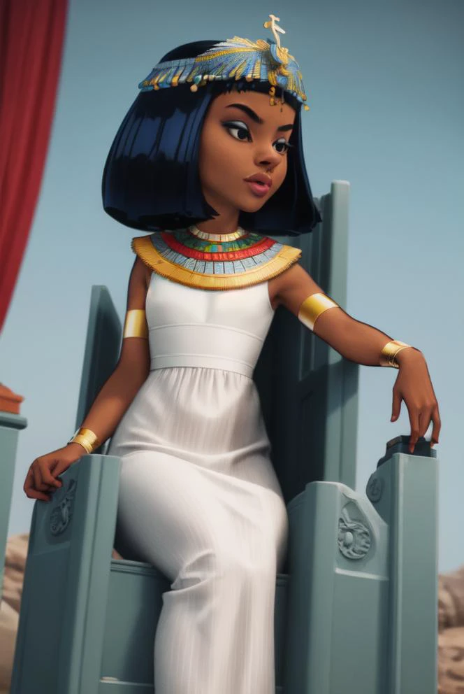 ((best quality)), ((masterpiece)), (detailed),(high-resolution:1.2),
1 girl, Cleopatre, dark skinned, short hair, on throne