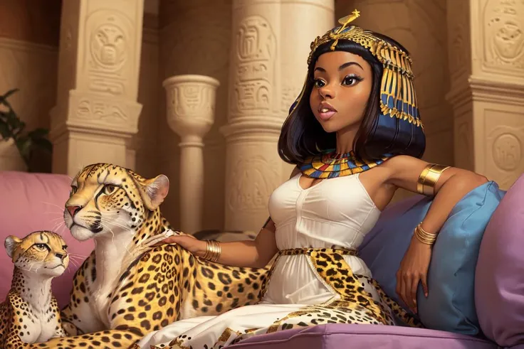 ((best quality)), ((masterpiece)), (detailed),(high-resolution:1.2),
(bilateral symmetry:1.5), a chamber from ancient Egypt, brimming with gold, precious gems, and magnificent drapery,
1 girl, Cleopatre lying on sofa, dark skinned, dark hair, short hair, (with a Cheetah next to her)