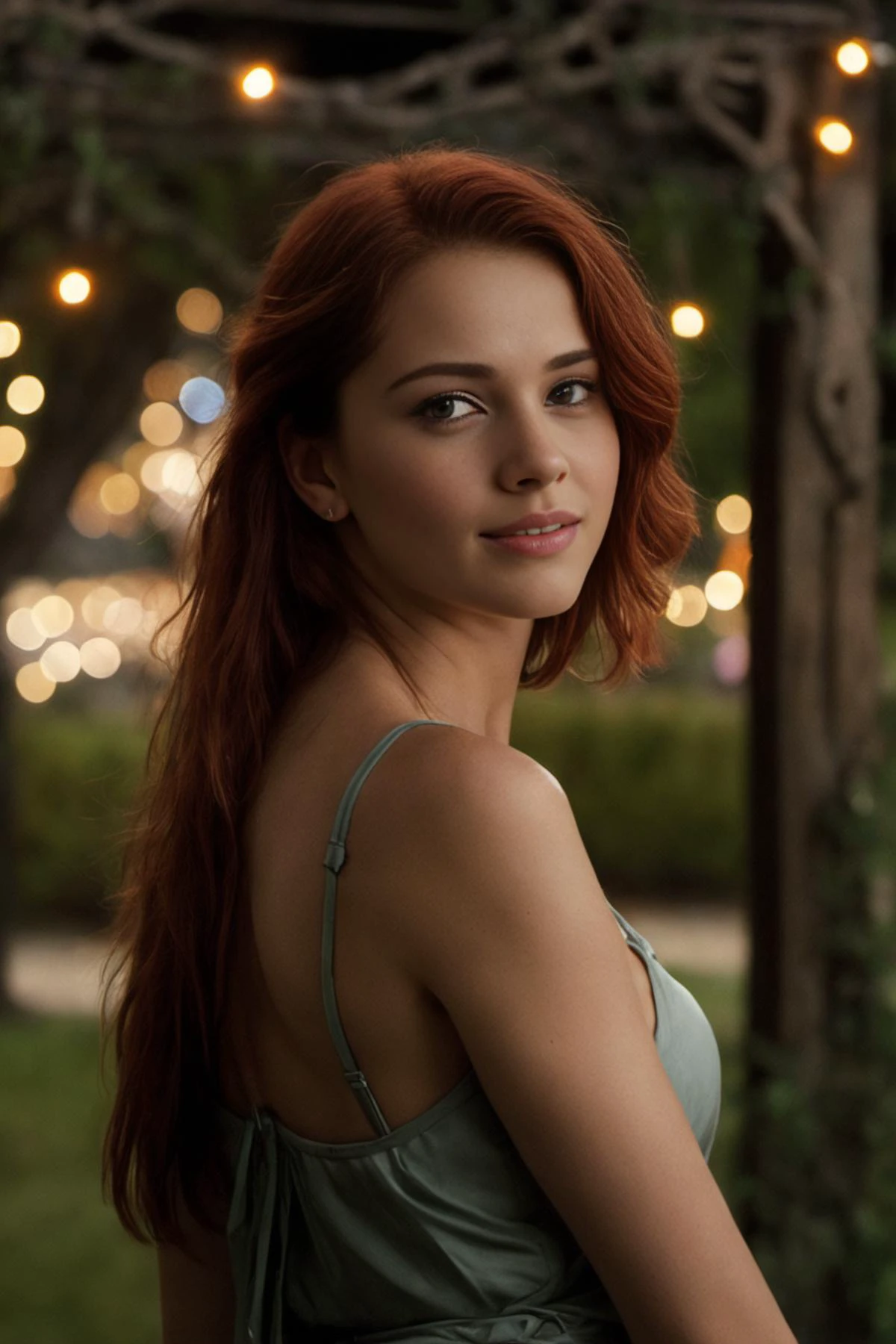 RAW photo. (Nighttime:1.4). A smiling (red haired:1.4) woman wearing a diaphanous sundress with a plunging neckline. (highly detailed skin:1.2). (Outside:1.4). (The background is an arbor with fairy lights at night:1.5). Sigma 85mm f/1.4, 8k uhd, dslr, soft lighting, high quality, film grain. Lustrous long hair., A painting of an alluring woman. Cinematic lighting. Chiaroscuro. Volumetric lighting. Highly detailed. Realistic. By George B. Bridgman, Peter Lindbergh, Daniel F Gerhartz, William Adolphe Bouguereau, and John William Waterhouse., A painting of a seductive woman. Cinematic lighting. Intricate. Highly detailed. By Guillaume Seignac, Daniel F Gerhartz, Paul Fischer, and Bastien Lecouffe-Deharme., A painting of a beautiful woman. By Emerico Imre Toth, Sophie Anderson, Alyssa Monks, and Kaethe Butcher.