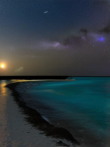 starry night in a Maldivian beach. A big moon over the horizon line reflecting into the water