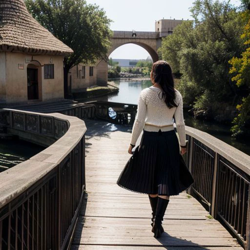 <lora:morrowind:1>, (balmora), town, small houses, bridge, medieval fantasy, dark, detailed, ultrarealistic, photo, bokeh, depth of field, 8k uhd, dslr, soft lighting, high quality, Fujifilm XT3, <lora:more_details:0.4>. S167_KatherinSher walking at the bridge wearing (crochet sweater, black pleated skirt, black stilettos, jewelry)