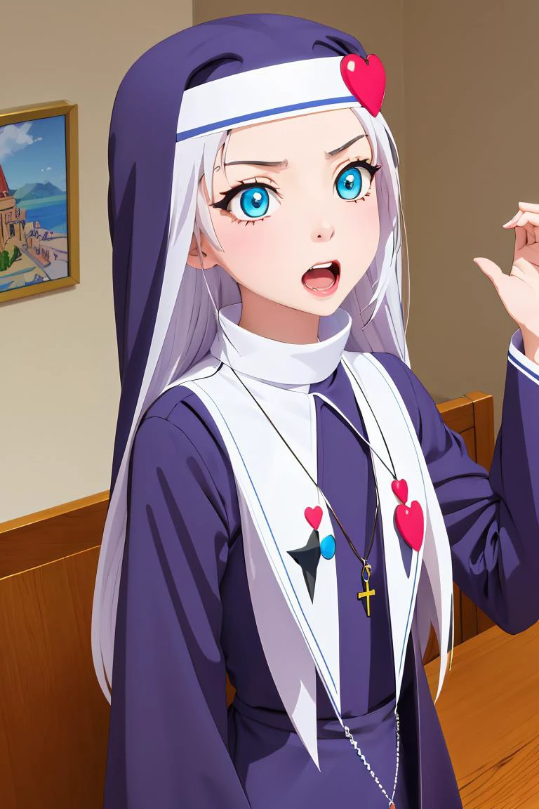 (masterpiece, best quality), 1girl, <lora:maria takayama s2-lora-nochekaiser:1> maria takayama, long hair, blue eyes, fang, aqua eyes, jewelry, heart, necklace, nun, habit,