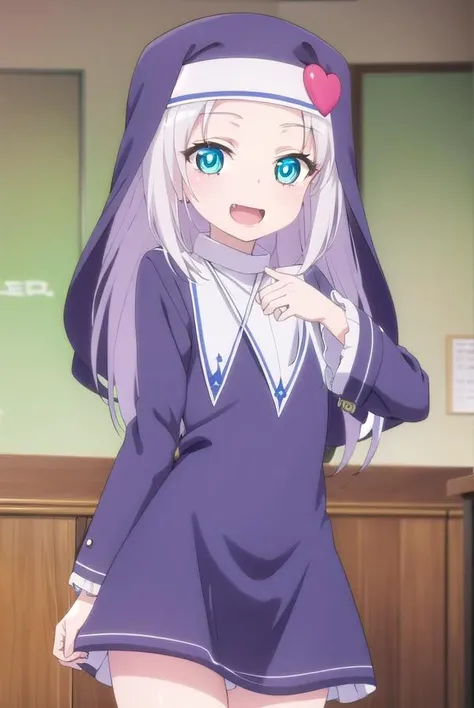 mariatakayama, <lora:maria takayama s2-lora-nochekaiser:1>,
maria takayama, long hair, blue eyes, fang, aqua eyes, smile, open mouth,
BREAK jewelry, heart, necklace, nun, habit,
BREAK indoors, classroom,
BREAK looking at viewer, (cowboy shot:1.5),
BREAK <lyco:GoodHands-beta2:1>, (masterpiece:1.2), best quality, high resolution, unity 8k wallpaper, (illustration:0.8), (beautiful detailed eyes:1.6), extremely detailed face, perfect lighting, extremely detailed CG, (perfect hands, perfect anatomy),