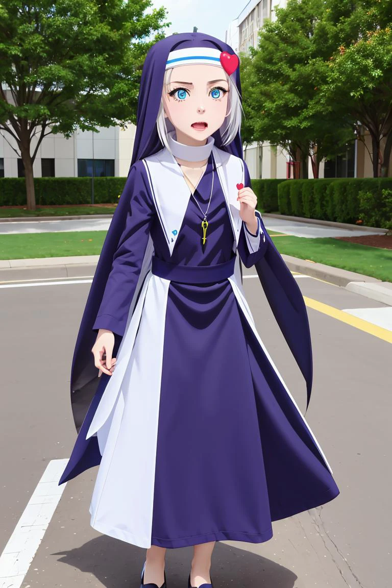 (masterpiece, best quality), 1girl, <lora:maria takayama s2-lora-nochekaiser:1> maria takayama, long hair, blue eyes, fang, aqua eyes, jewelry, heart, necklace, nun, habit,