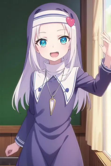 mariatakayama, <lora:maria takayama s2-lora-nochekaiser:1>,
maria takayama, long hair, blue eyes, fang, aqua eyes, smile, open mouth,
BREAK jewelry, heart, necklace, nun, habit,
BREAK indoors, classroom,
BREAK looking at viewer, (cowboy shot:1.5),
BREAK <lyco:GoodHands-beta2:1>, (masterpiece:1.2), best quality, high resolution, unity 8k wallpaper, (illustration:0.8), (beautiful detailed eyes:1.6), extremely detailed face, perfect lighting, extremely detailed CG, (perfect hands, perfect anatomy),