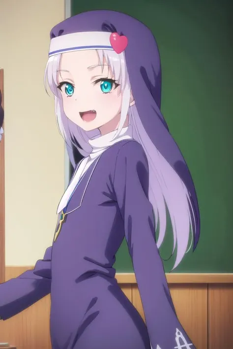 mariatakayama, <lora:maria takayama s2-lora-nochekaiser:1>,
maria takayama, long hair, blue eyes, fang, aqua eyes, smile, open mouth,
BREAK jewelry, heart, necklace, nun, habit,
BREAK indoors, classroom,
BREAK looking at viewer, (cowboy shot:1.5),
BREAK <lyco:GoodHands-beta2:1>, (masterpiece:1.2), best quality, high resolution, unity 8k wallpaper, (illustration:0.8), (beautiful detailed eyes:1.6), extremely detailed face, perfect lighting, extremely detailed CG, (perfect hands, perfect anatomy),
