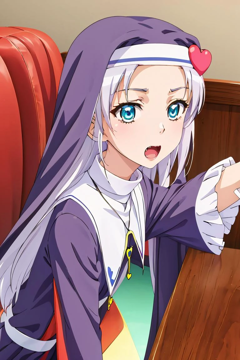 (masterpiece, best quality), 1girl, <lora:maria takayama s2-lora-nochekaiser:1> maria takayama, long hair, blue eyes, fang, aqua eyes, jewelry, heart, necklace, nun, habit,