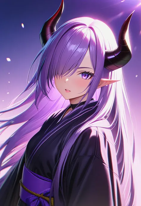 1girl,asymmetrical_horns,hair_over_one_eye,holding,holding_sword,holding_weapon,horns,katana,long_hair,looking_at_viewer,parted_lips,purple_eyes,purple_hair,robe,scabbard,sheath,sheathed,solo,sword,upper_body,very_long_hair,weapon,<lora:Anime Enhancer XL V2:1.3>,enhancer,masterpiece,raytracing,absurd,intricate,