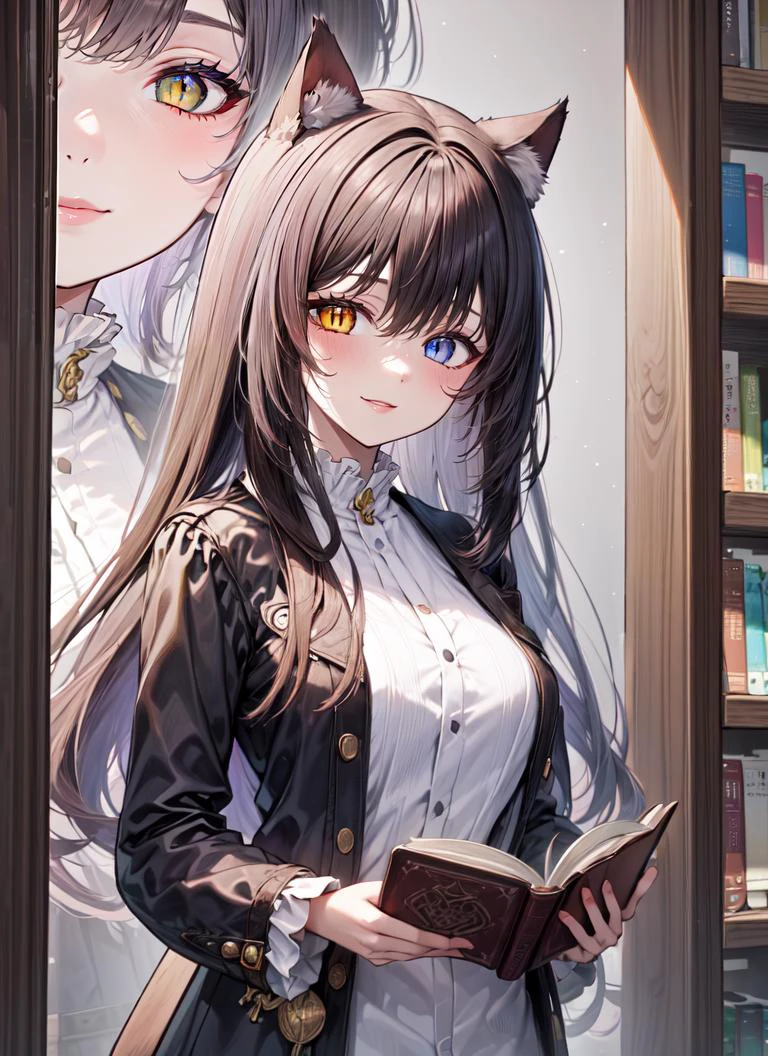 ((best quality)), ((highly detailed)), masterpiece, , (1girl), <lora:ZoomLayer:1>, IncrsZmLayer, zoom layer, upper body, <lora:hairdetailer:.6>, cat girl, cat ears, long hair, cinnamon hair, heterochromia, dark yellow eyes, <lora:slit-pupils:1>, snake eyes, cat tail, smiling, (inside, in a library, book shelves, books, open book), <lora:enhancerV3-sd1-5:1>