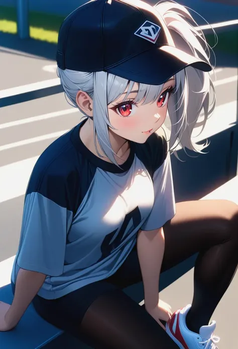 1girl,solo,baseball_cap,hat,on_railing,pantyhose,ponytail,railing,red_eyes,shoes,sitting,sneakers,sportswear,white_hair,<lora:anime enhancer V3 xl:1>,detailed,skin,texture,detailed skin texture,volumetric,shadow,