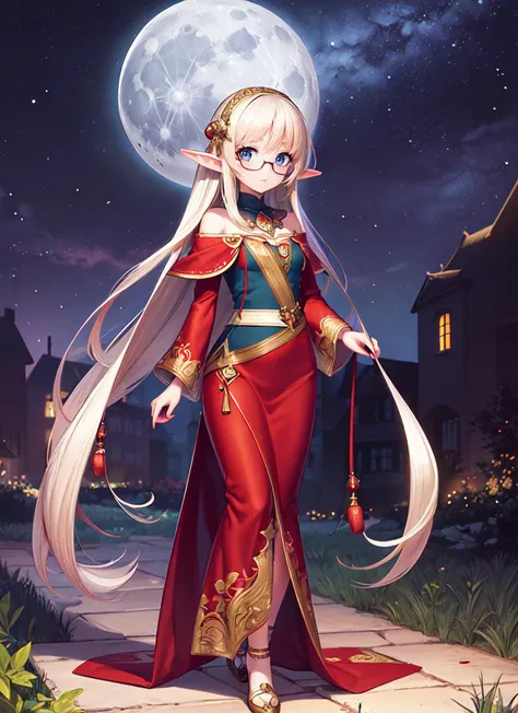 ((best quality)), ((highly detailed)), masterpiece, , (1girl), (glasses), full body, <lora:hairdetailer:.6>, elf, very long hair, pointy ears, (outside, at a town, evening, night sky, stars, broken moon), <lora:enhancerV3-sd1-5:-1>