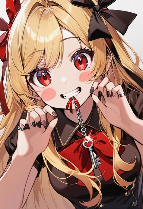 anime girl with long blonde hair and red eyes holding a key